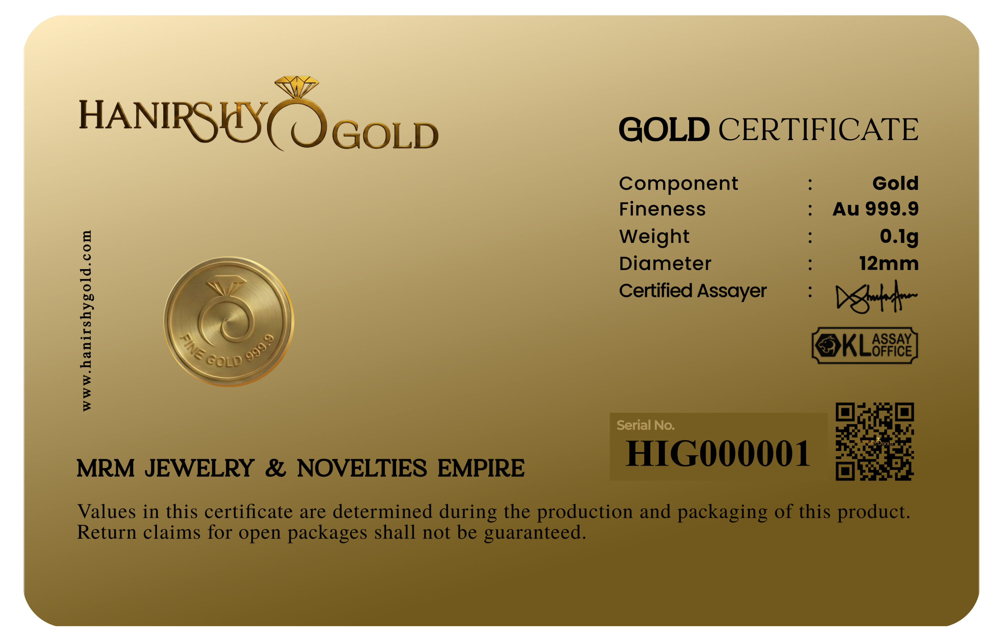 Hanirshy Gold Bar Card 999.9 Limited Series (0.1g)